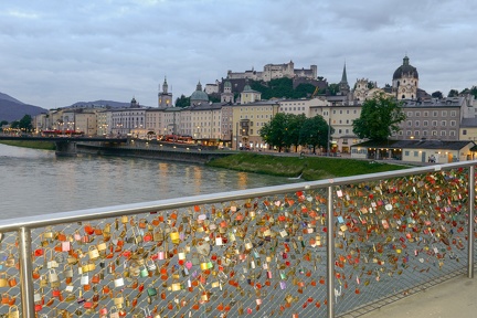 Lovers padlocks on the foot bridge in Salzburg