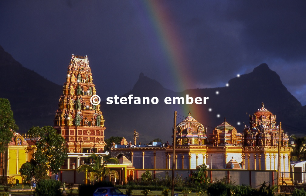Induist temple with rainbow