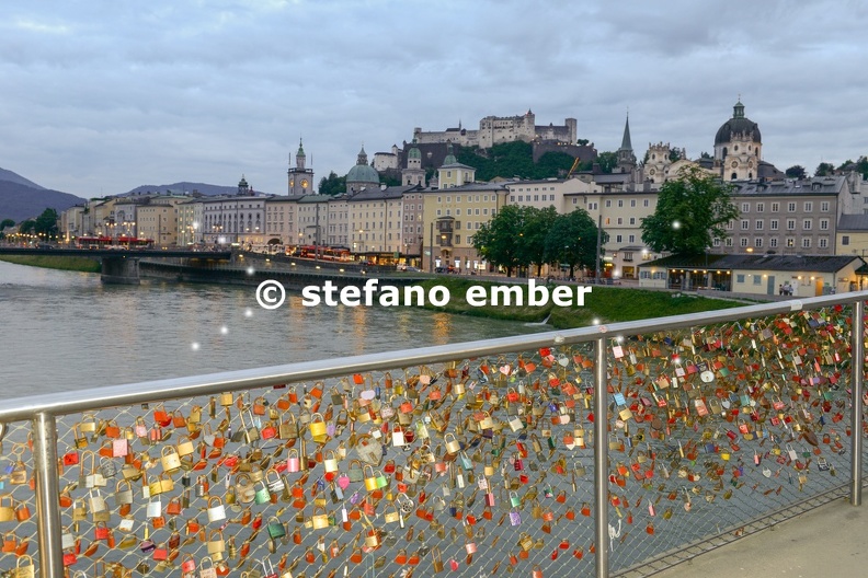 Lovers padlocks on the foot bridge in Salzburg